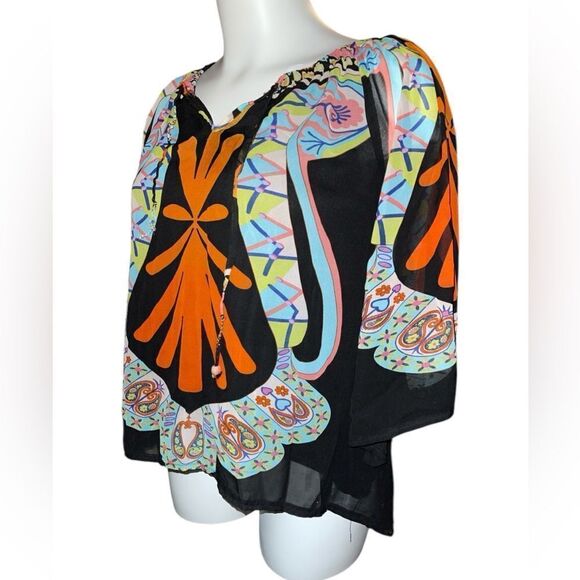 URBAN MANGOZ Small hi low blouse graphic print semi-sheer silky Layer Colorful - Picture 4 of 8